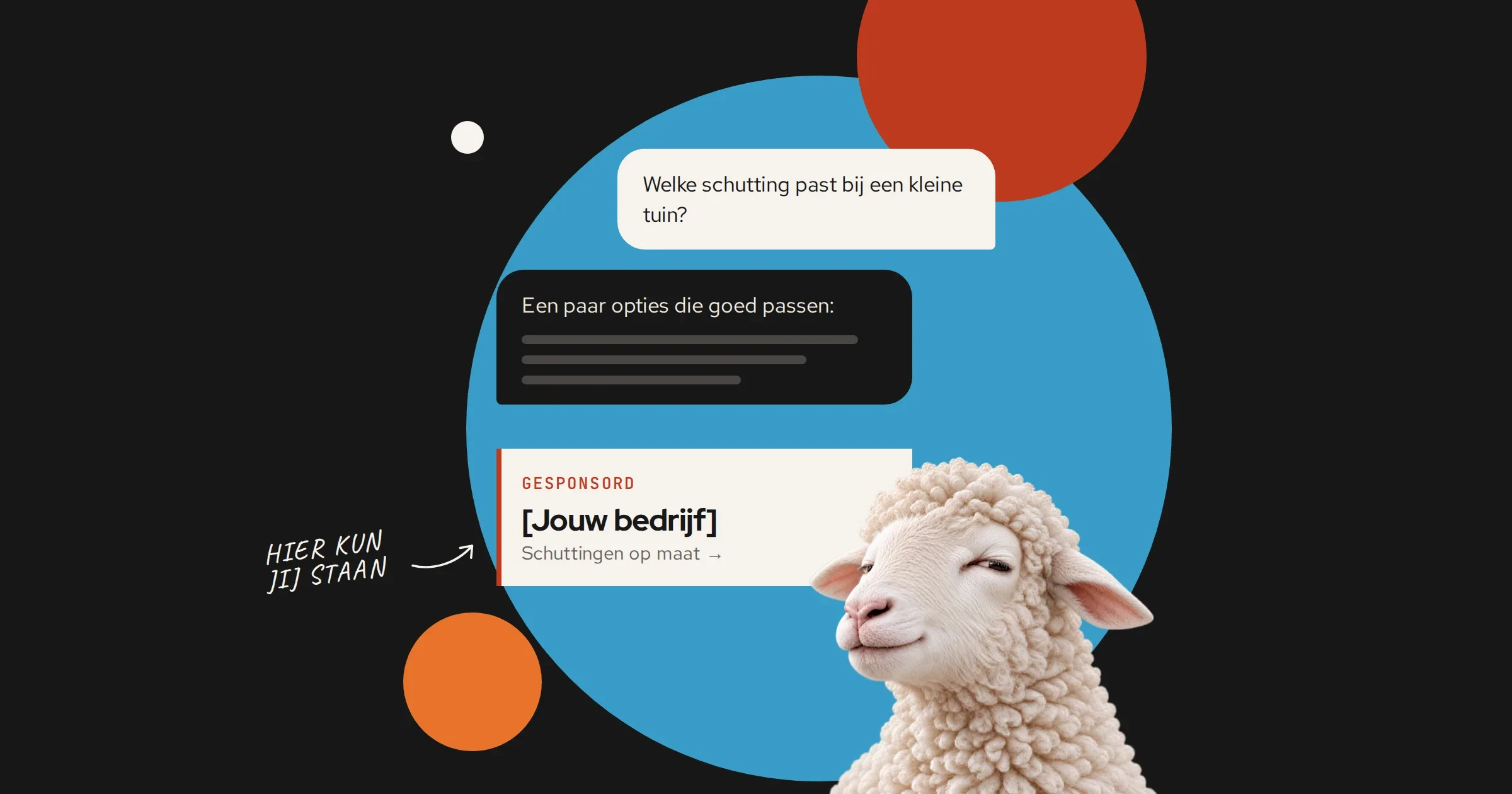 Een chatgesprek over schuttingen met daaronder een gesponsord resultaat '[Jouw bedrijf]' en de notitie 'Hier kun jij staan'