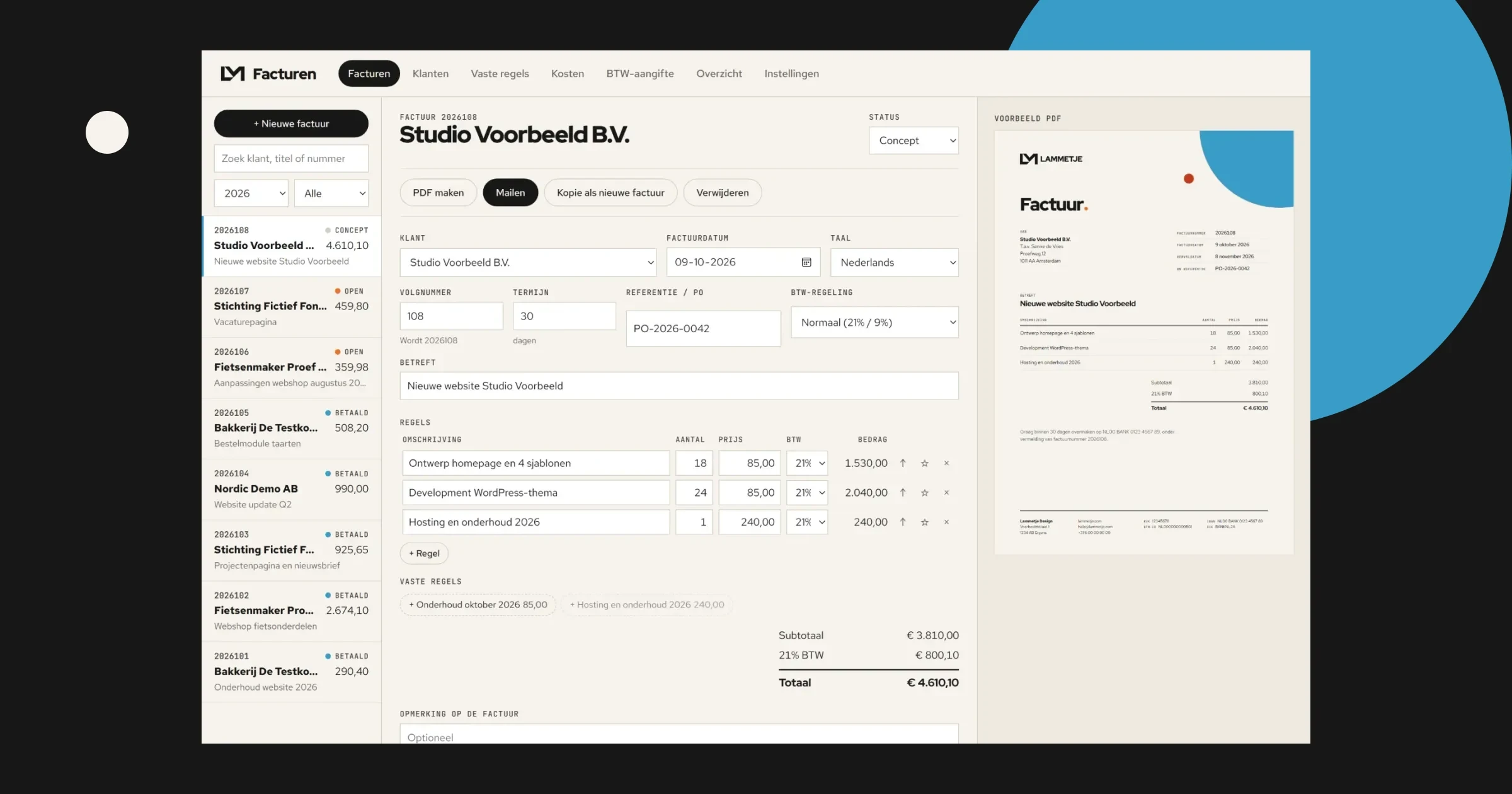 De facturentool van Lammetje met voorbeeldgegevens, met links de facturen, in het midden een factuur en rechts een voorbeeld van de PDF.