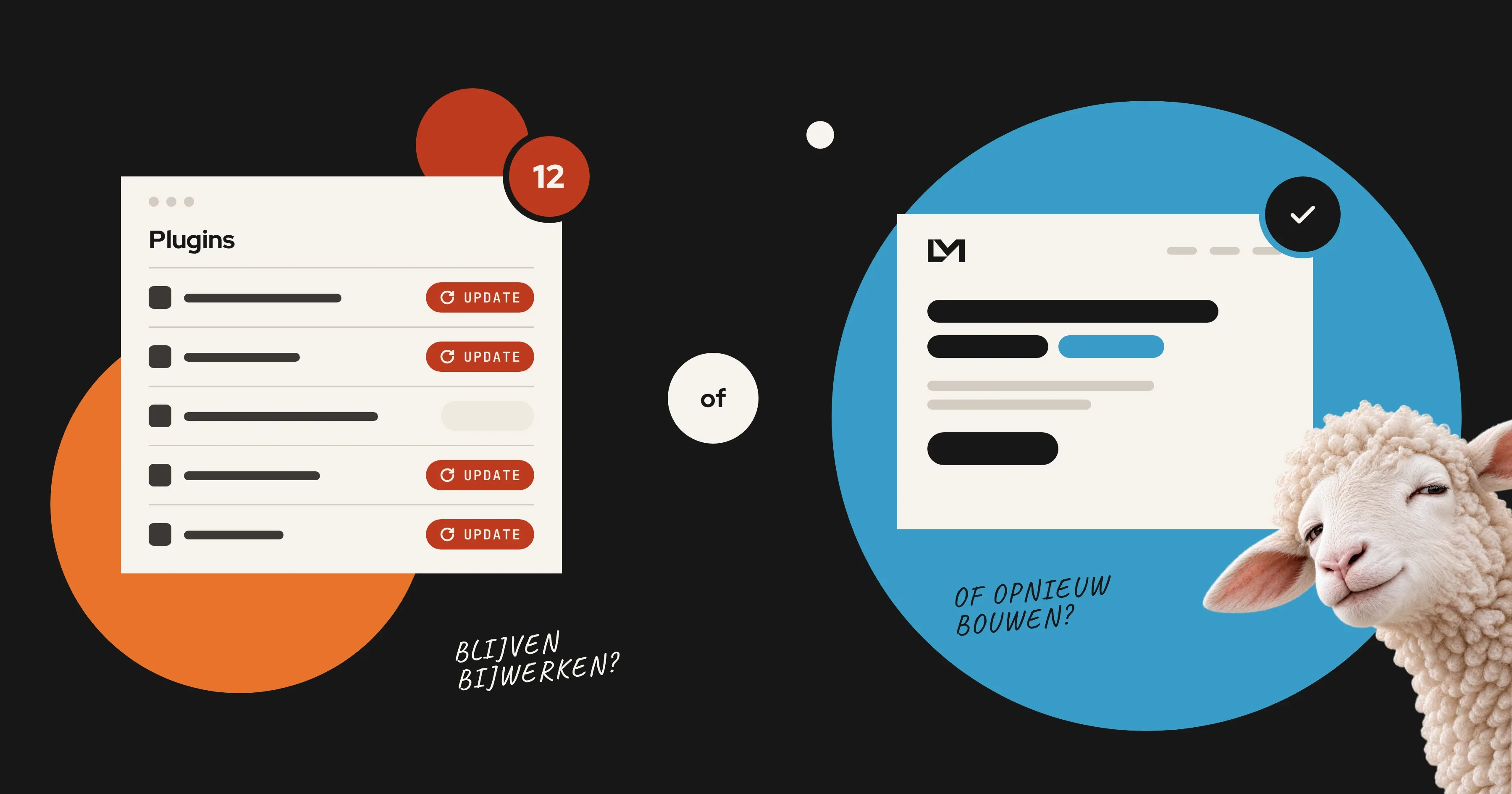Links een lijst plugins die op een update wachten, met de vraag 'Blijven bijwerken?'. Rechts een nieuwe site, met de vraag 'Of opnieuw bouwen?'.